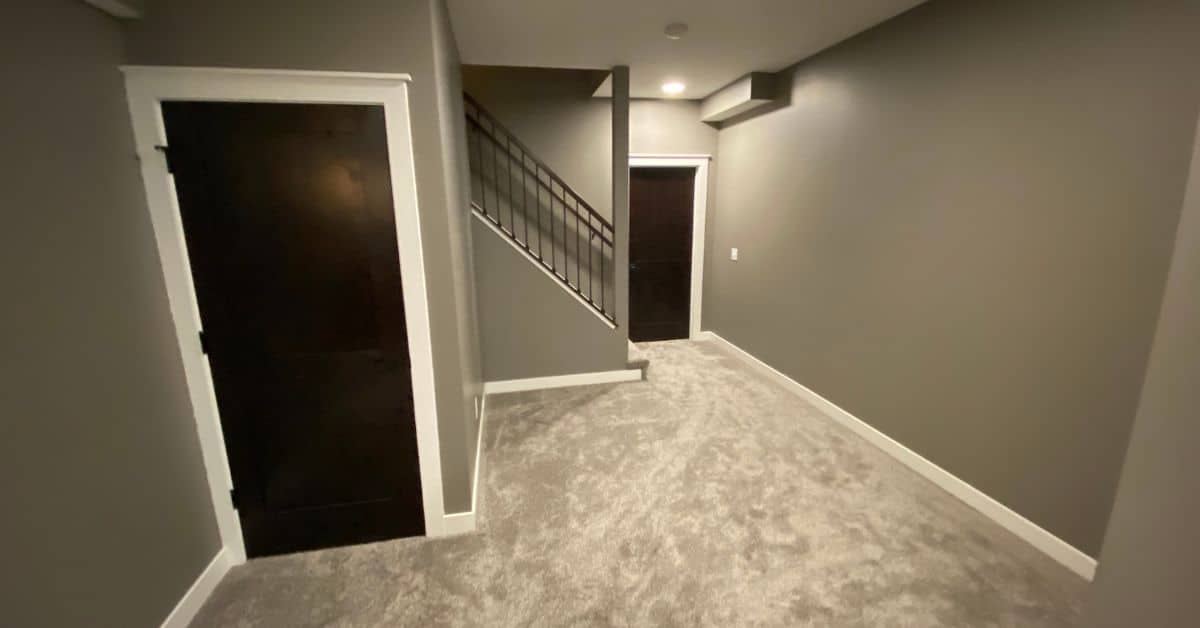 finished basement with dark wood doors and beige carpet - South Metro Custom Remodeling basement contractor