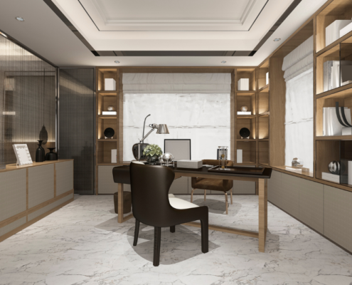 A contemporary home office featuring elegant marble floors and stylish shelves, designed for a basement remodel.